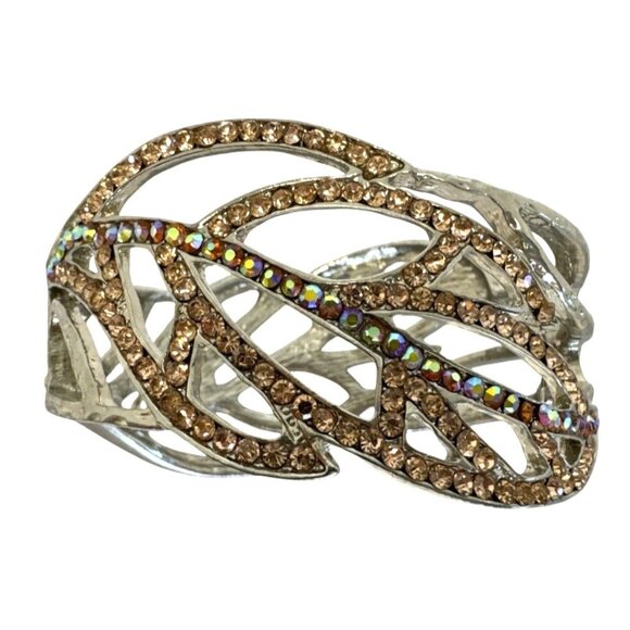 Silvertone Rhinestone Leaf Design Hinged Bracelet Open Filigree - Picture 1 of 4